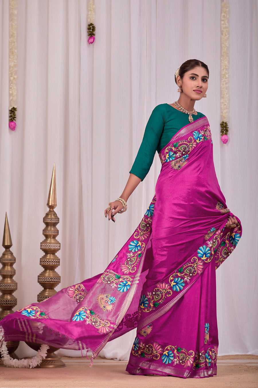 Meena Magenta Banana Silk Saree — side view
