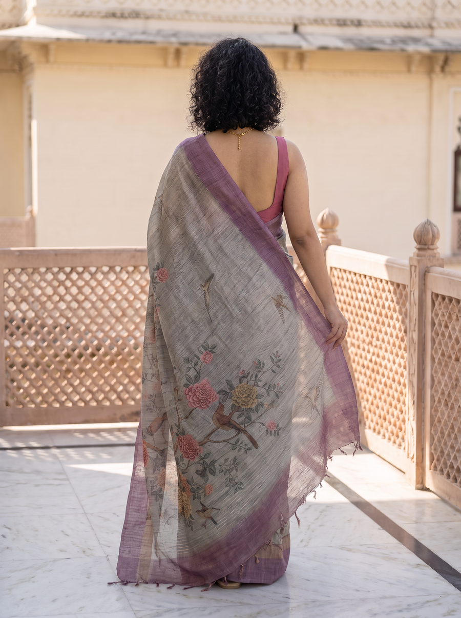 Myna – Sage Grey Bamboo Tissue Saree