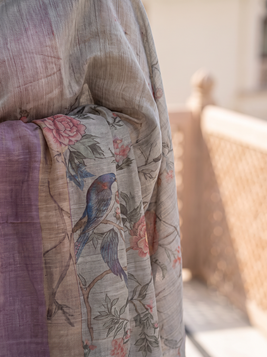 Myna – Sage Grey Bamboo Tissue Saree