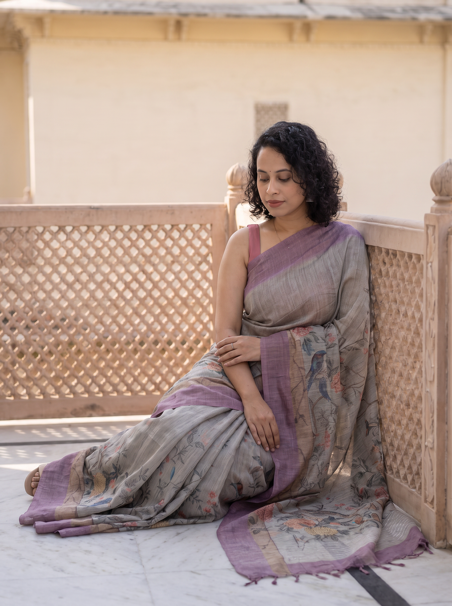 Myna – Sage Grey Bamboo Tissue Saree