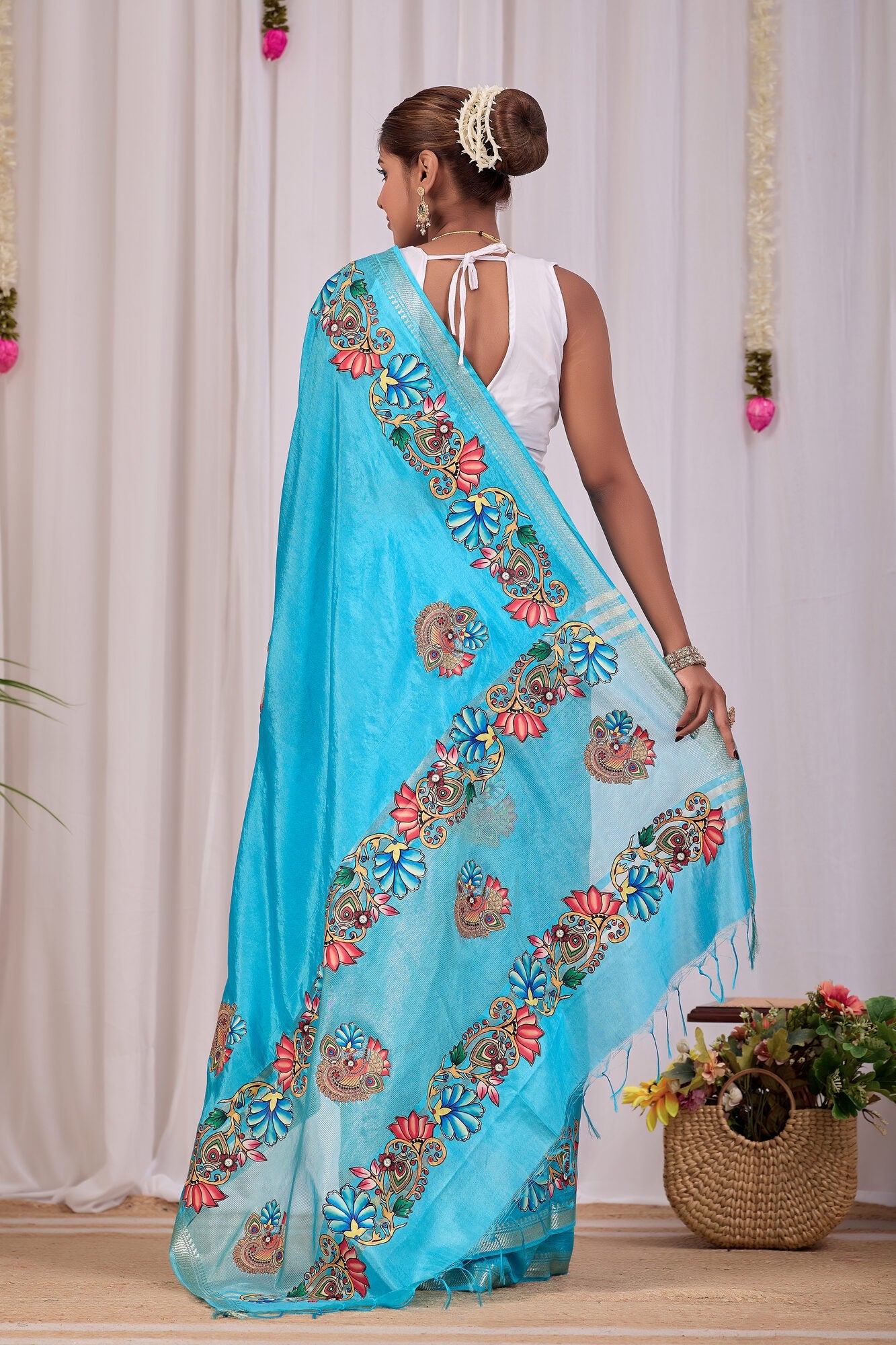 Neera Turquoise Banana Silk Saree — back view
