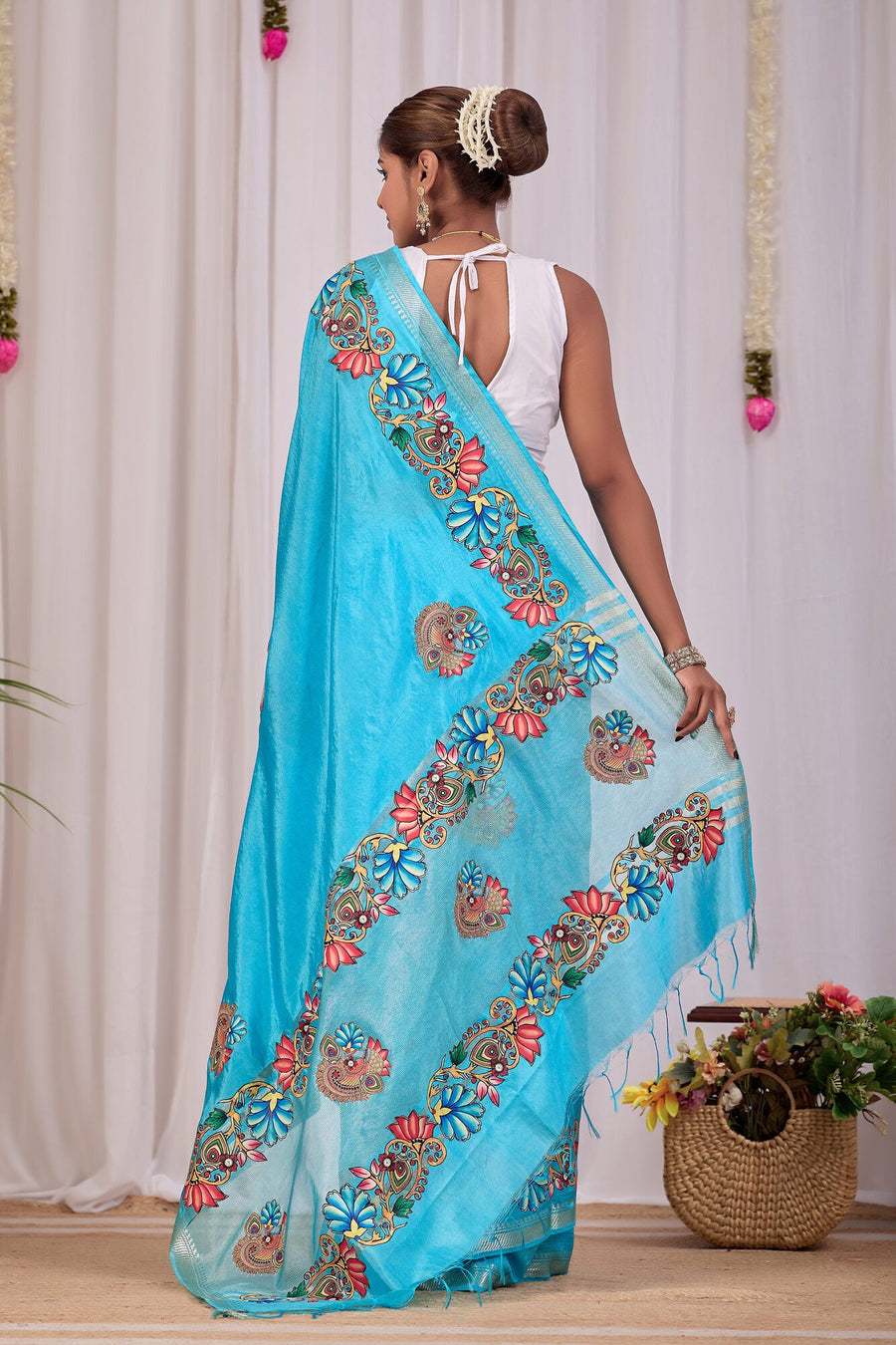 Neera Turquoise Banana Silk Saree — back view