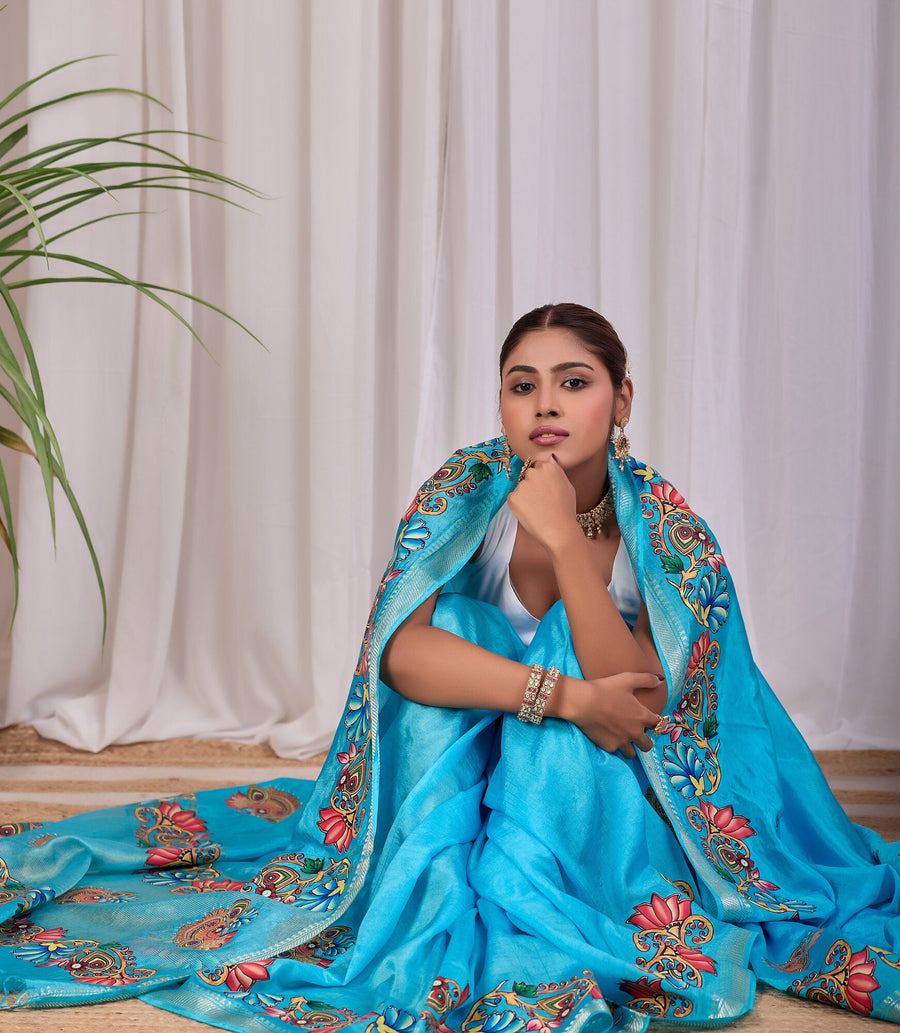 Neera Turquoise Banana Silk Saree — draped view