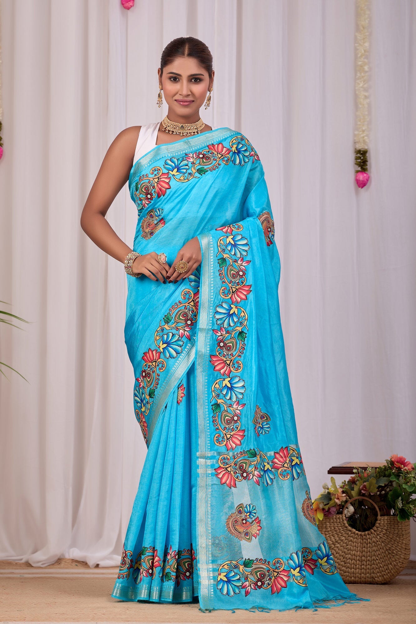 Neera Turquoise Banana Silk Saree — front view