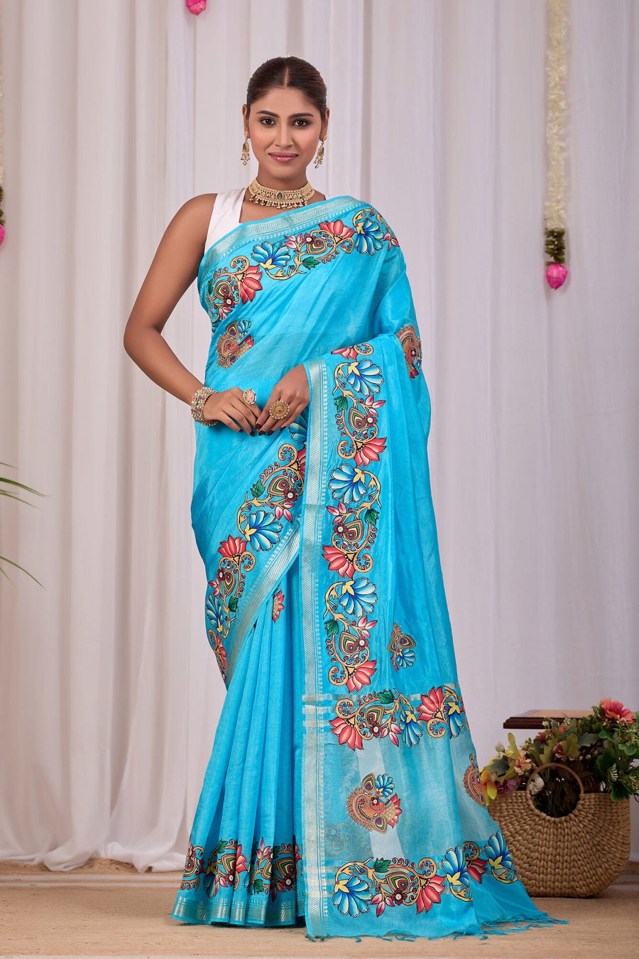 Neera Turquoise Banana Silk Saree — front view