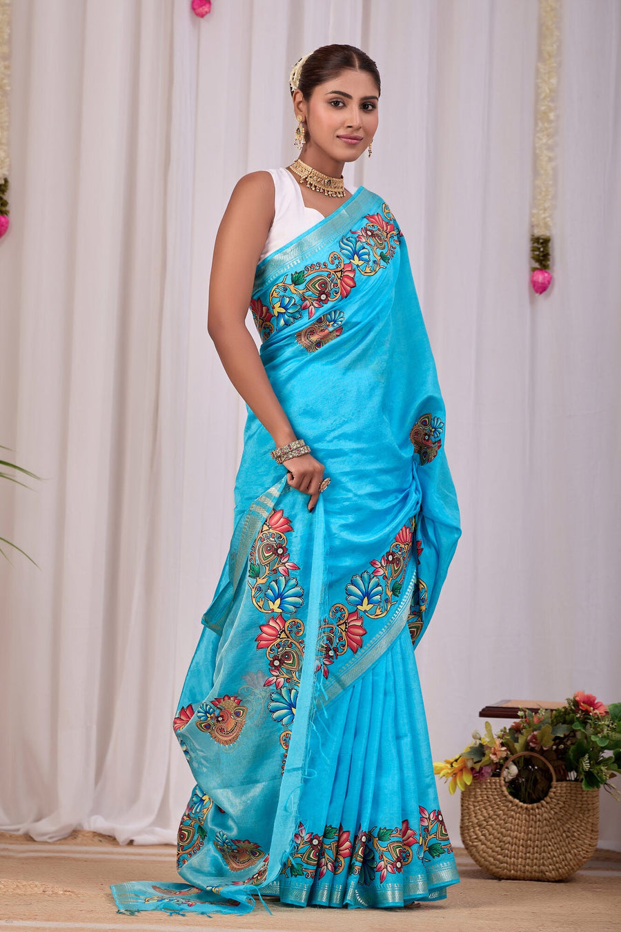 Neera Turquoise Banana Silk Saree — side view