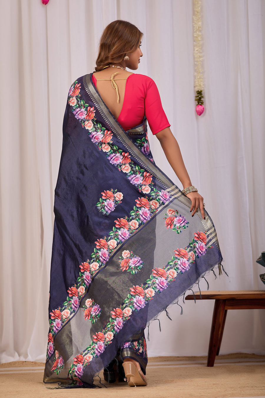 Nisha Navy Blue Banana Silk Saree — back view