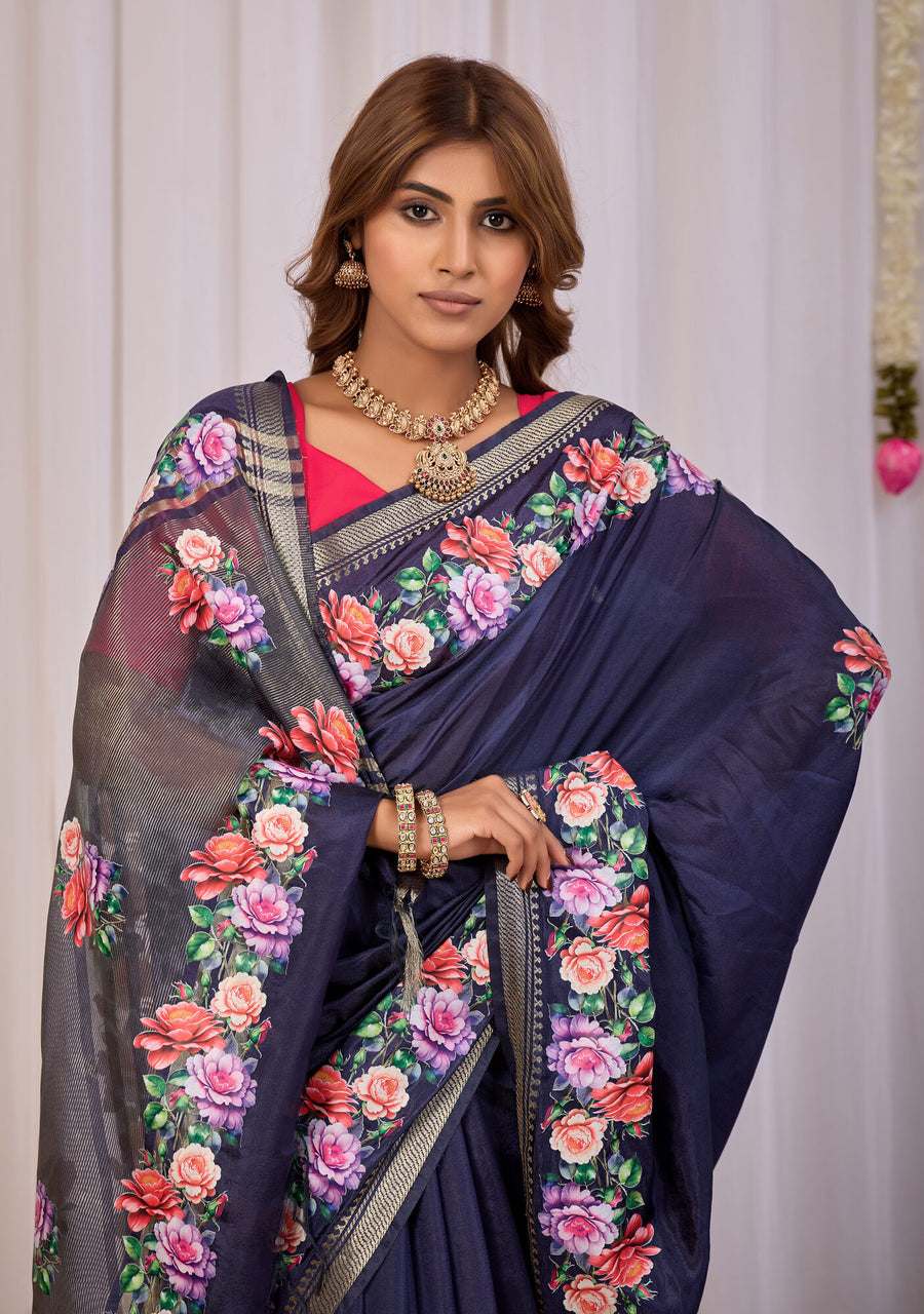 Nisha Navy Blue Banana Silk Saree — fabric detail