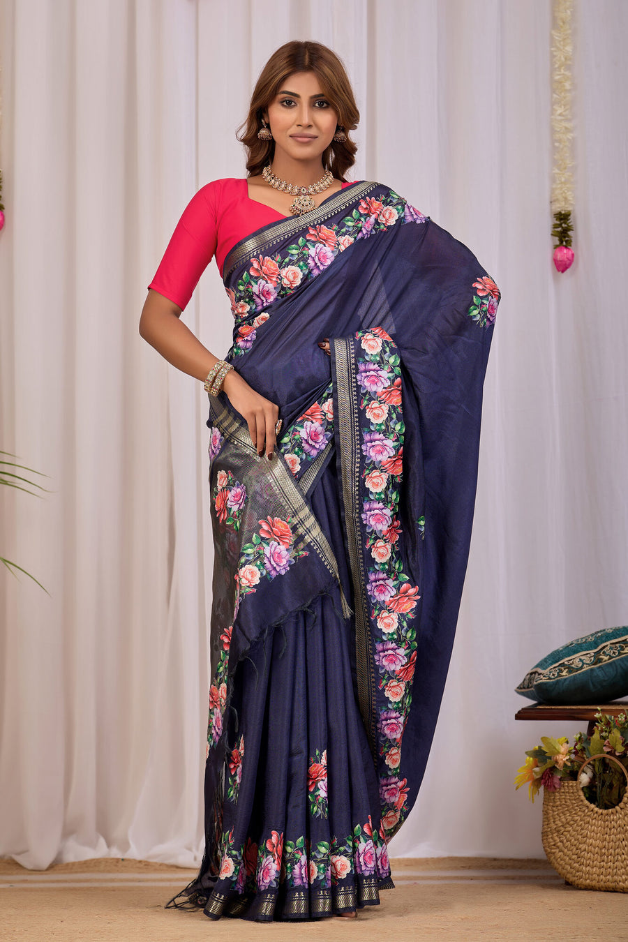 Nisha Navy Blue Banana Silk Saree — draped view