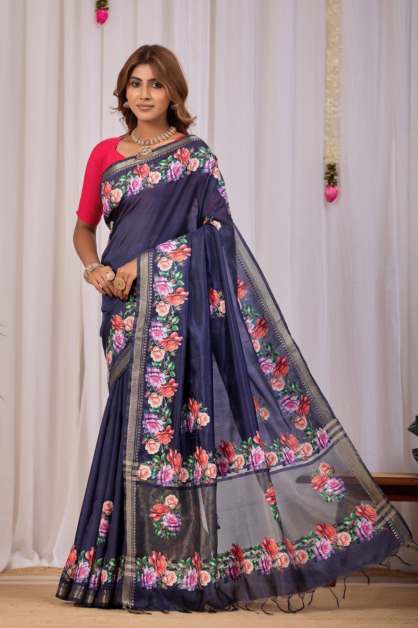 Nisha Navy Blue Banana Silk Saree — pallu detail
