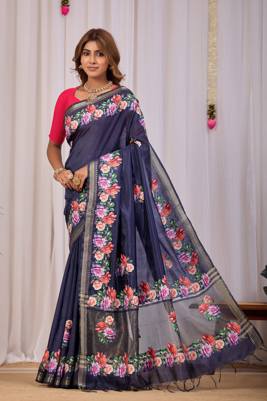 Nisha Navy Blue Banana Silk Saree — pallu detail