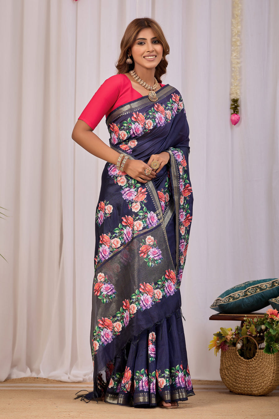 Nisha Navy Blue Banana Silk Saree — side view