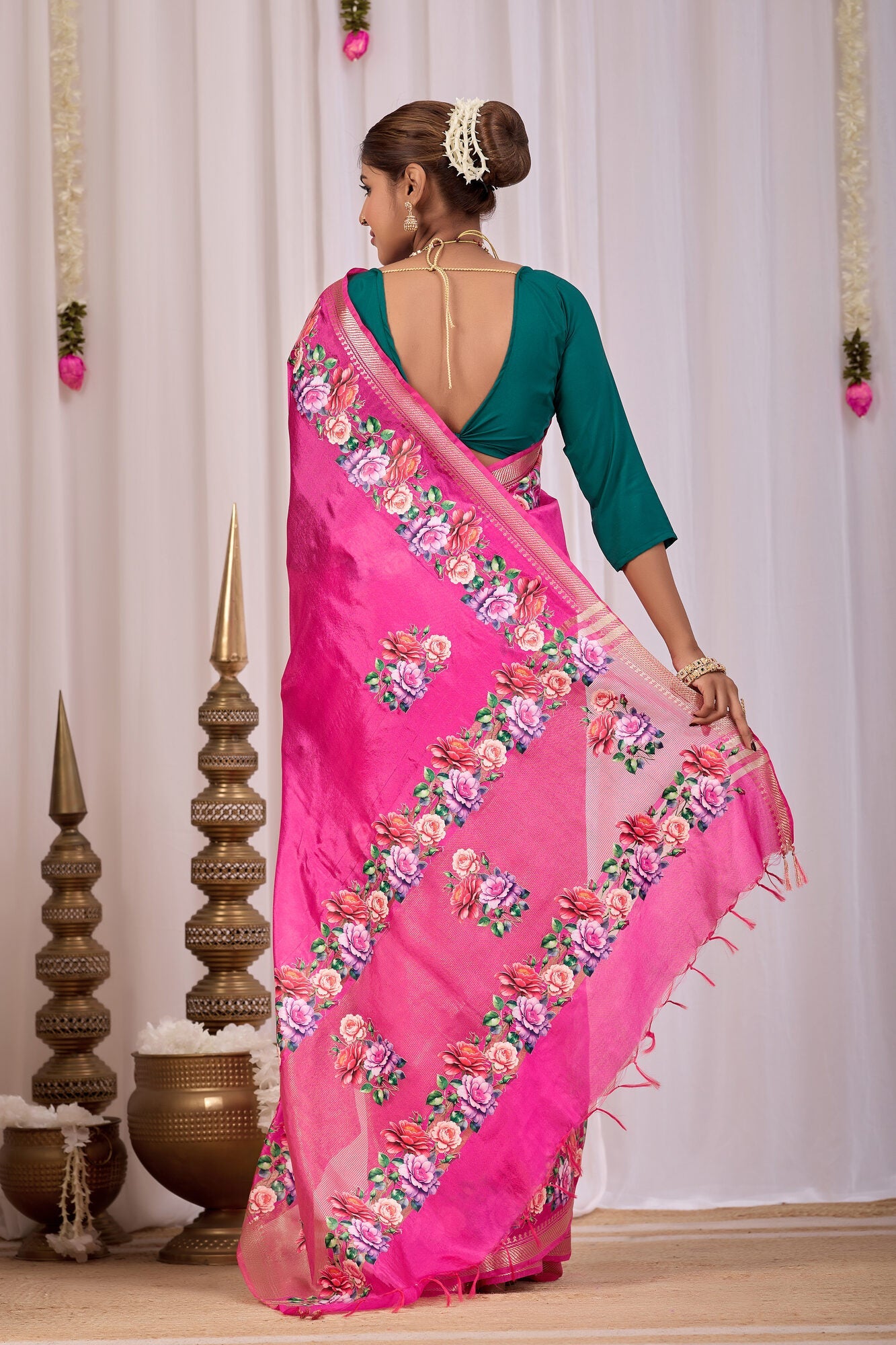 Padma Rani Pink Banana Silk Saree — back view