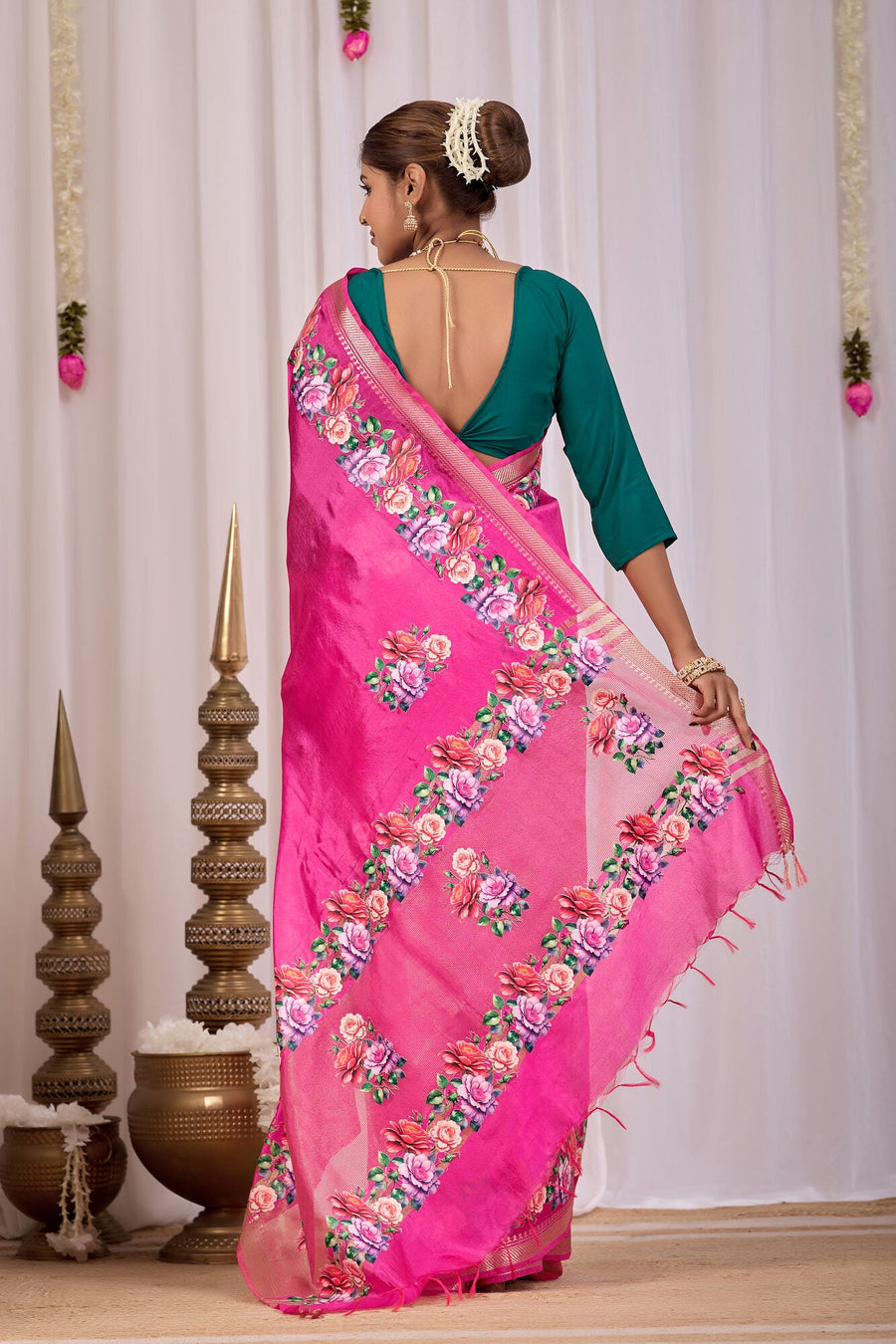Padma Rani Pink Banana Silk Saree — back view