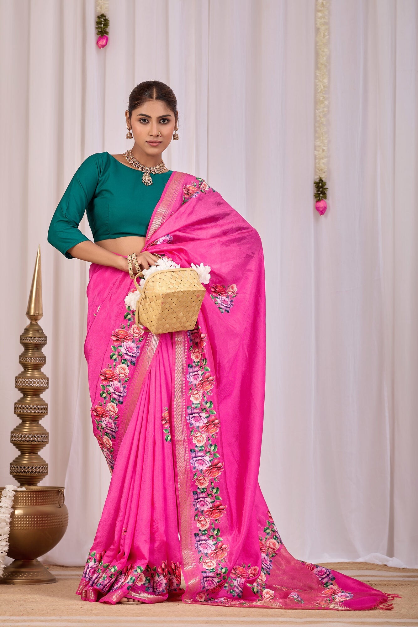 Padma Rani Pink Banana Silk Saree — draped view