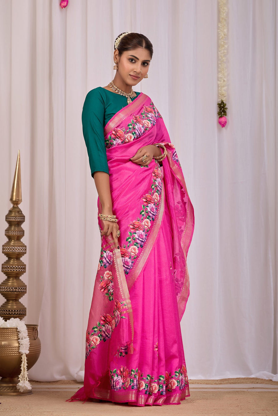 Padma Rani Pink Banana Silk Saree — side view