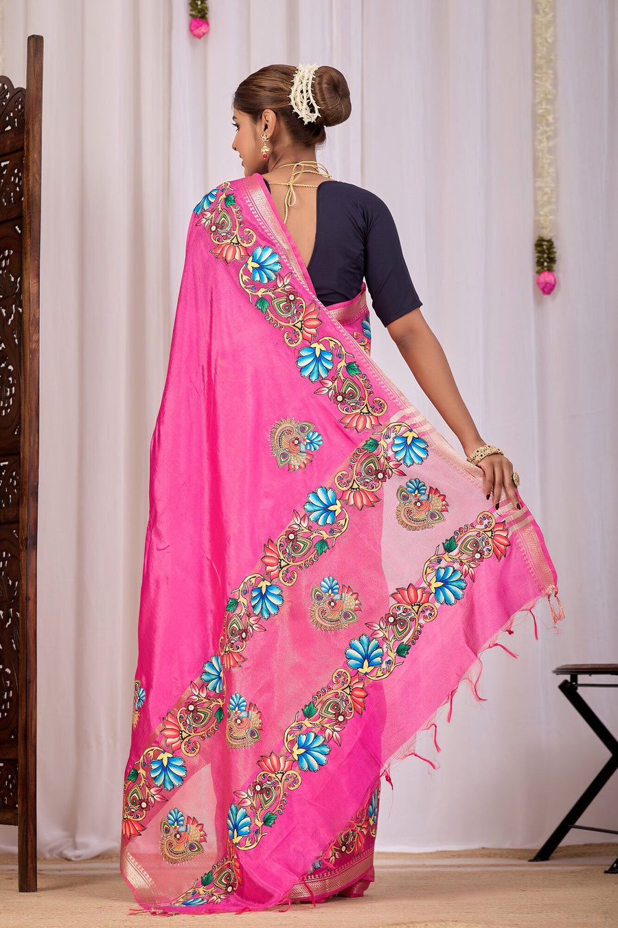 Rohini Fuchsia Pink Banana Silk Saree — back view