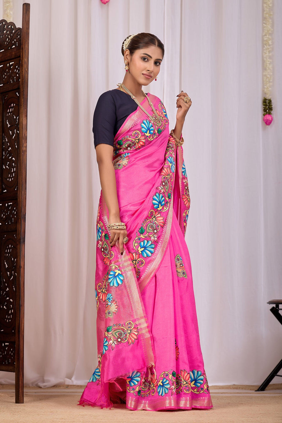 Rohini Fuchsia Pink Banana Silk Saree — side view