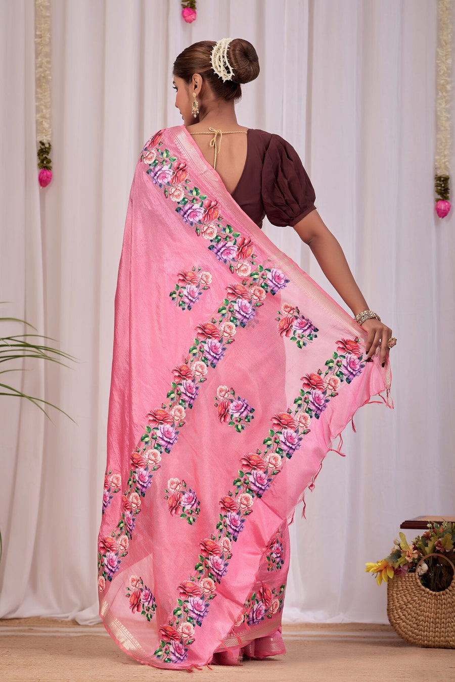 Roopa Rose Pink Banana Silk Saree — back view