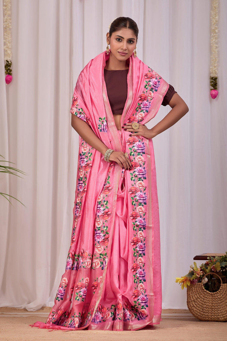 Roopa Rose Pink Banana Silk Saree — draped view