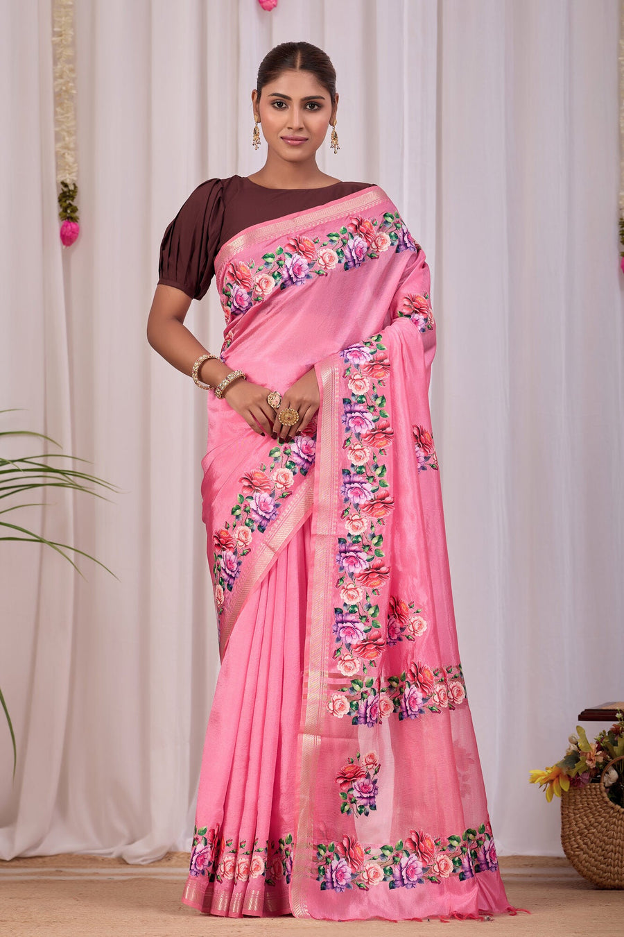 Roopa Rose Pink Banana Silk Saree — front view