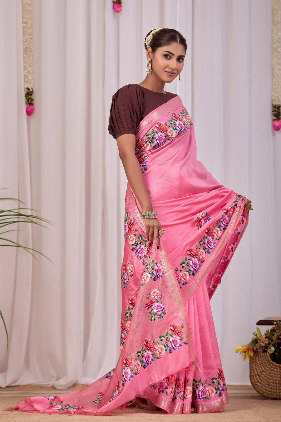 Roopa Rose Pink Banana Silk Saree — side view