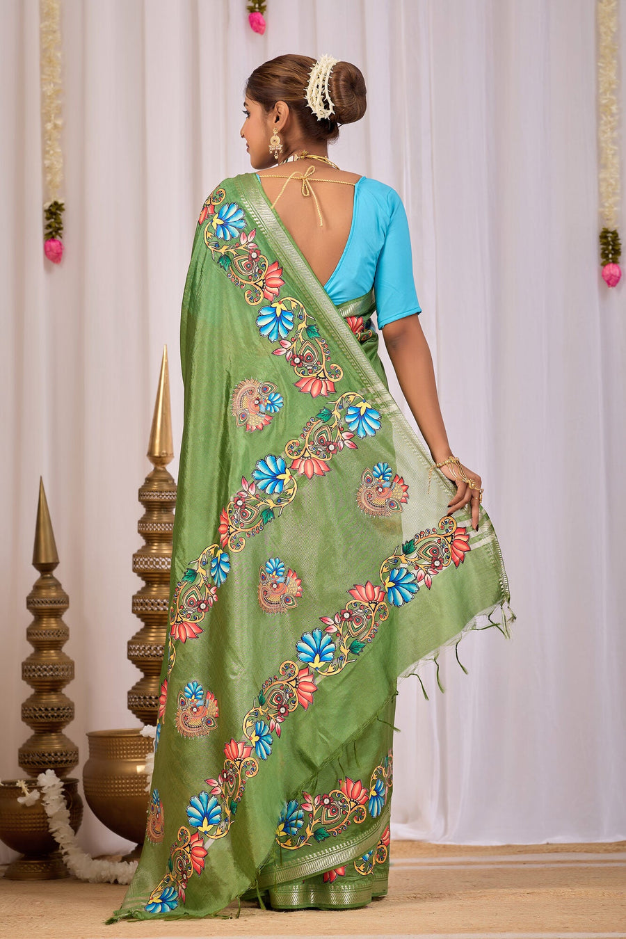 Shyama Olive Green Banana Silk Saree — back view