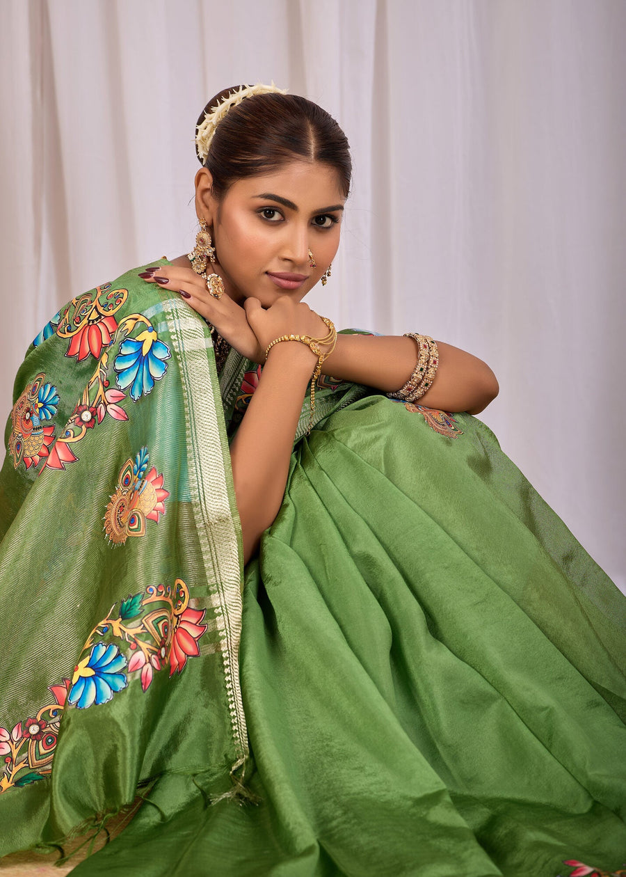 Shyama Olive Green Banana Silk Saree — fabric detail