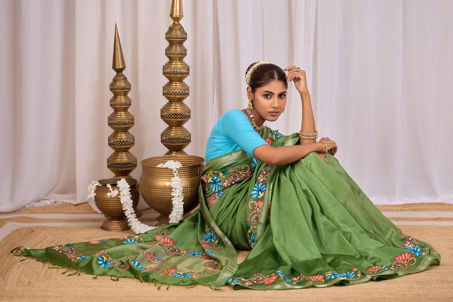 Shyama Olive Green Banana Silk Saree — draped view