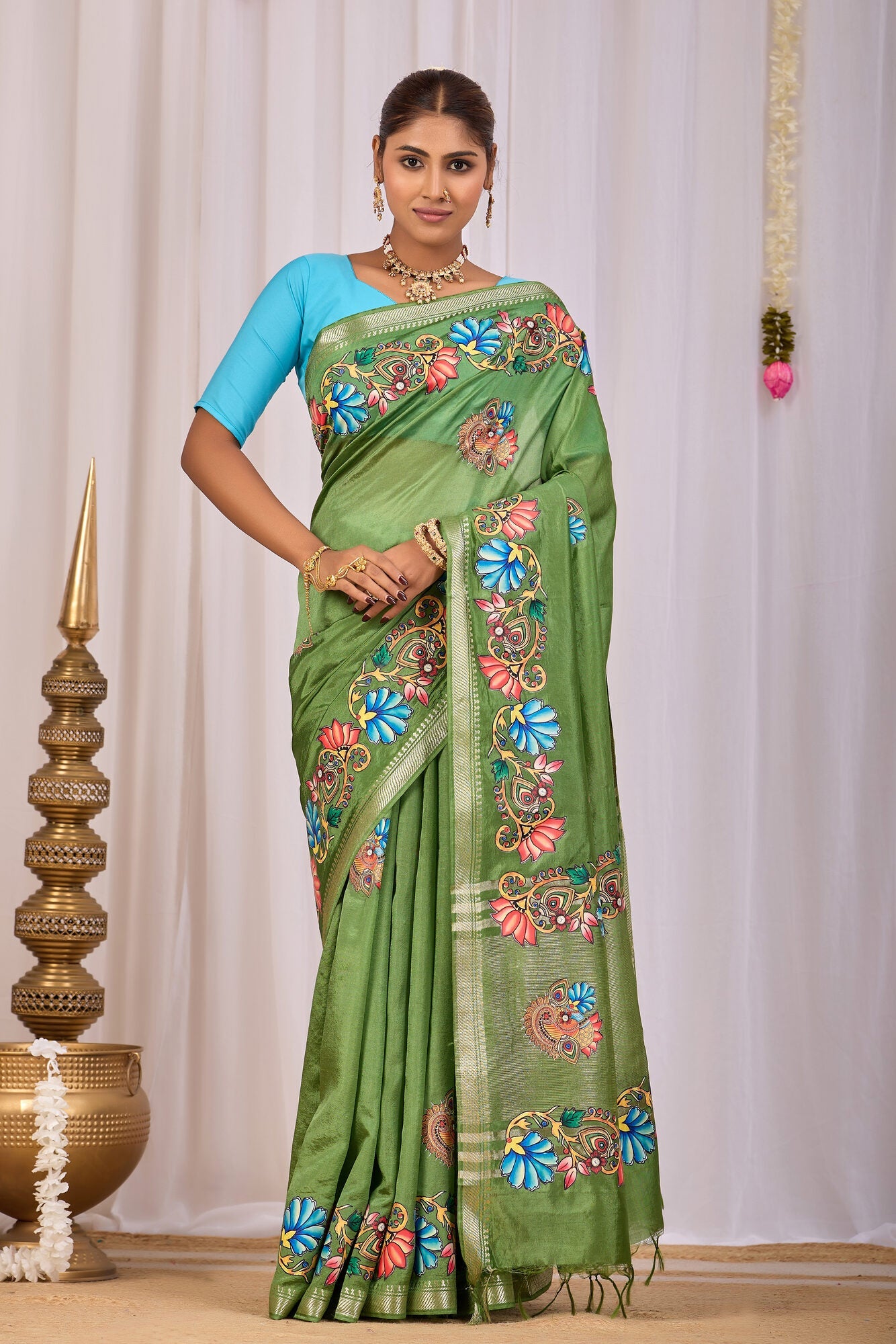 Shyama Olive Green Banana Silk Saree — front view