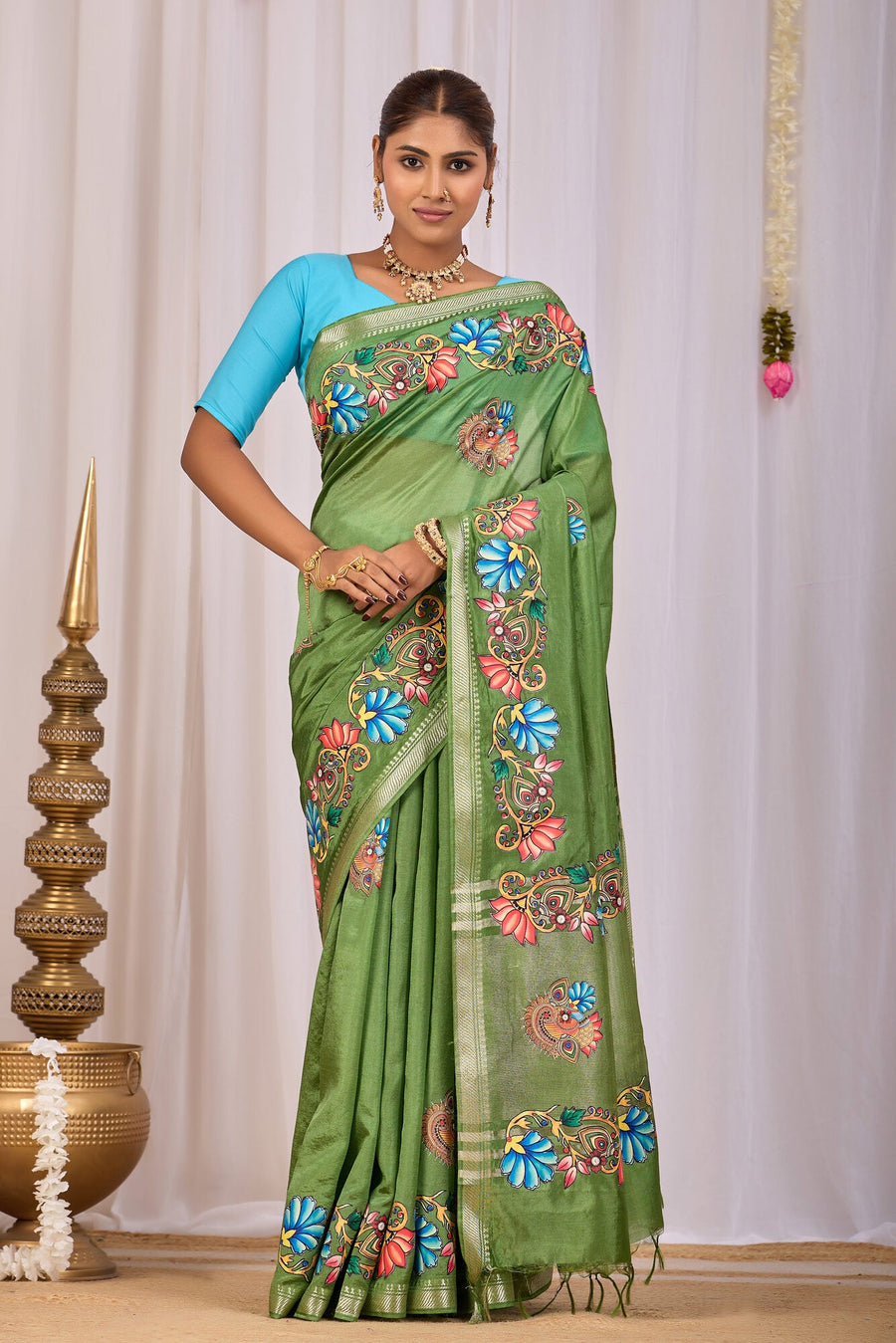 Shyama Olive Green Banana Silk Saree — front view