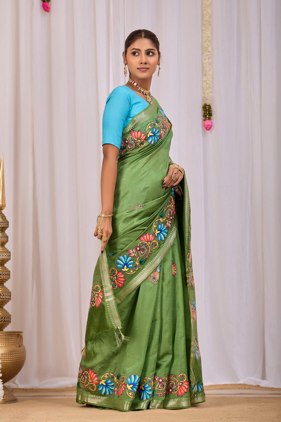 Shyama Olive Green Banana Silk Saree — side view