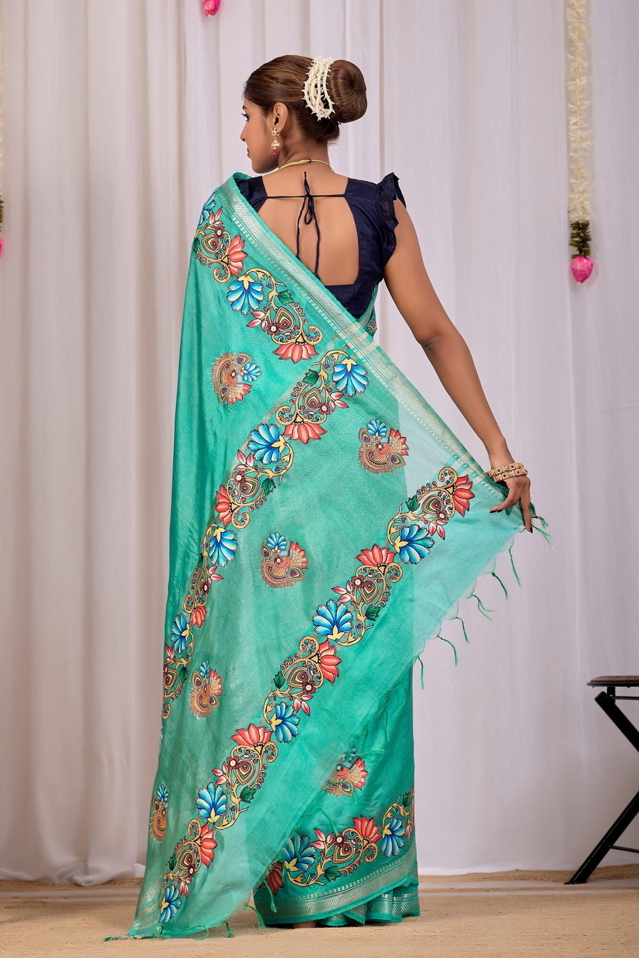 Tanvi Sea Green Banana Silk Saree — back view