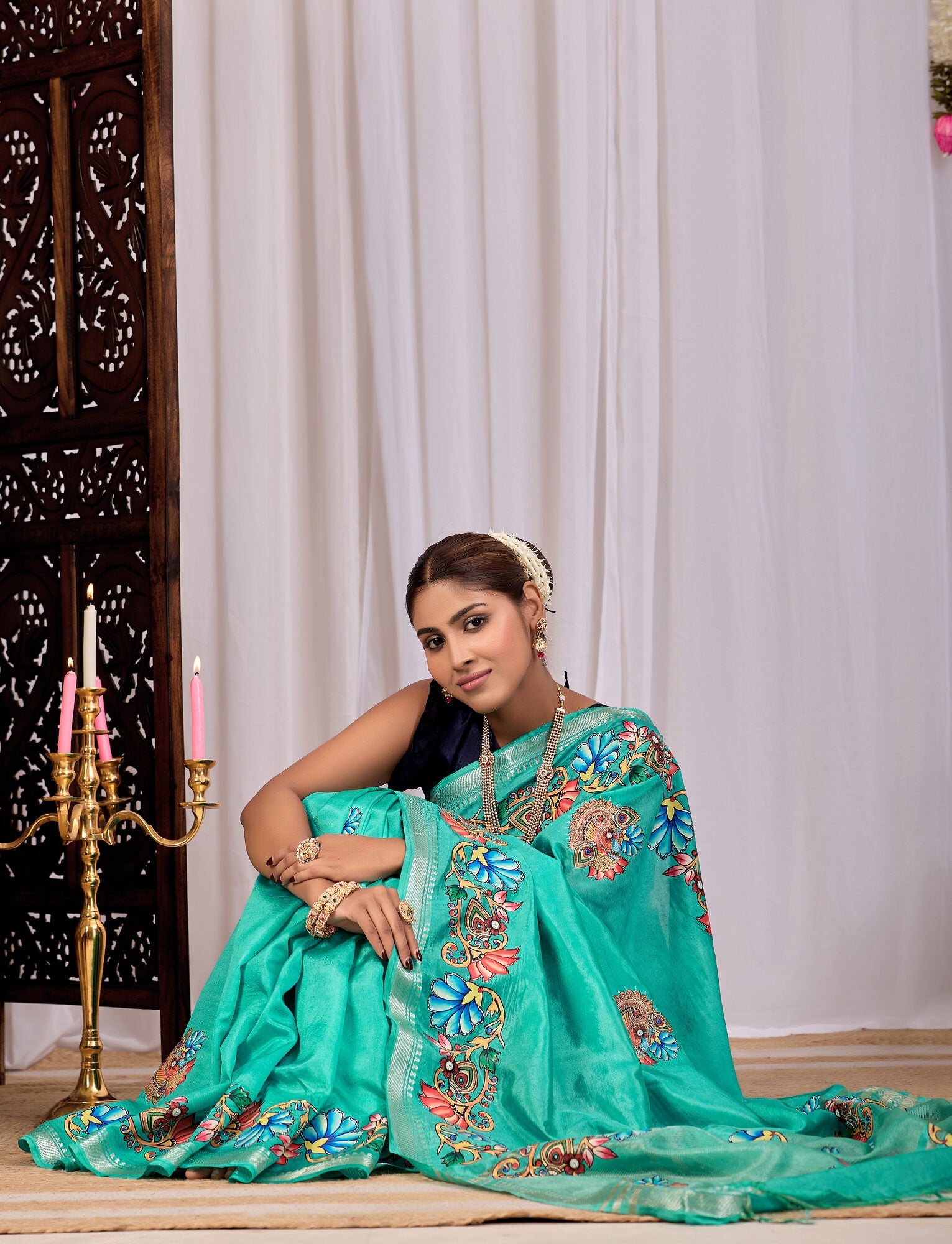 Tanvi Sea Green Banana Silk Saree — draped view
