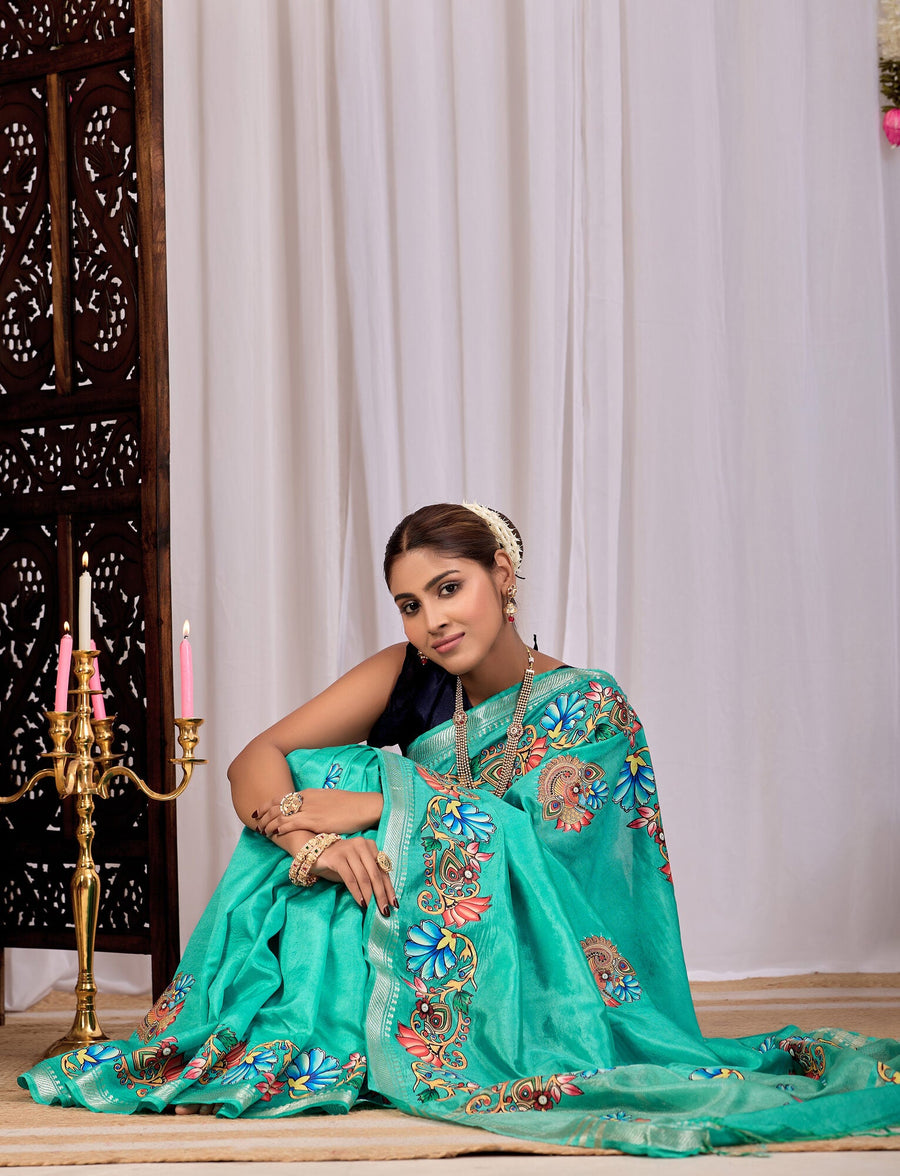 Tanvi Sea Green Banana Silk Saree — draped view