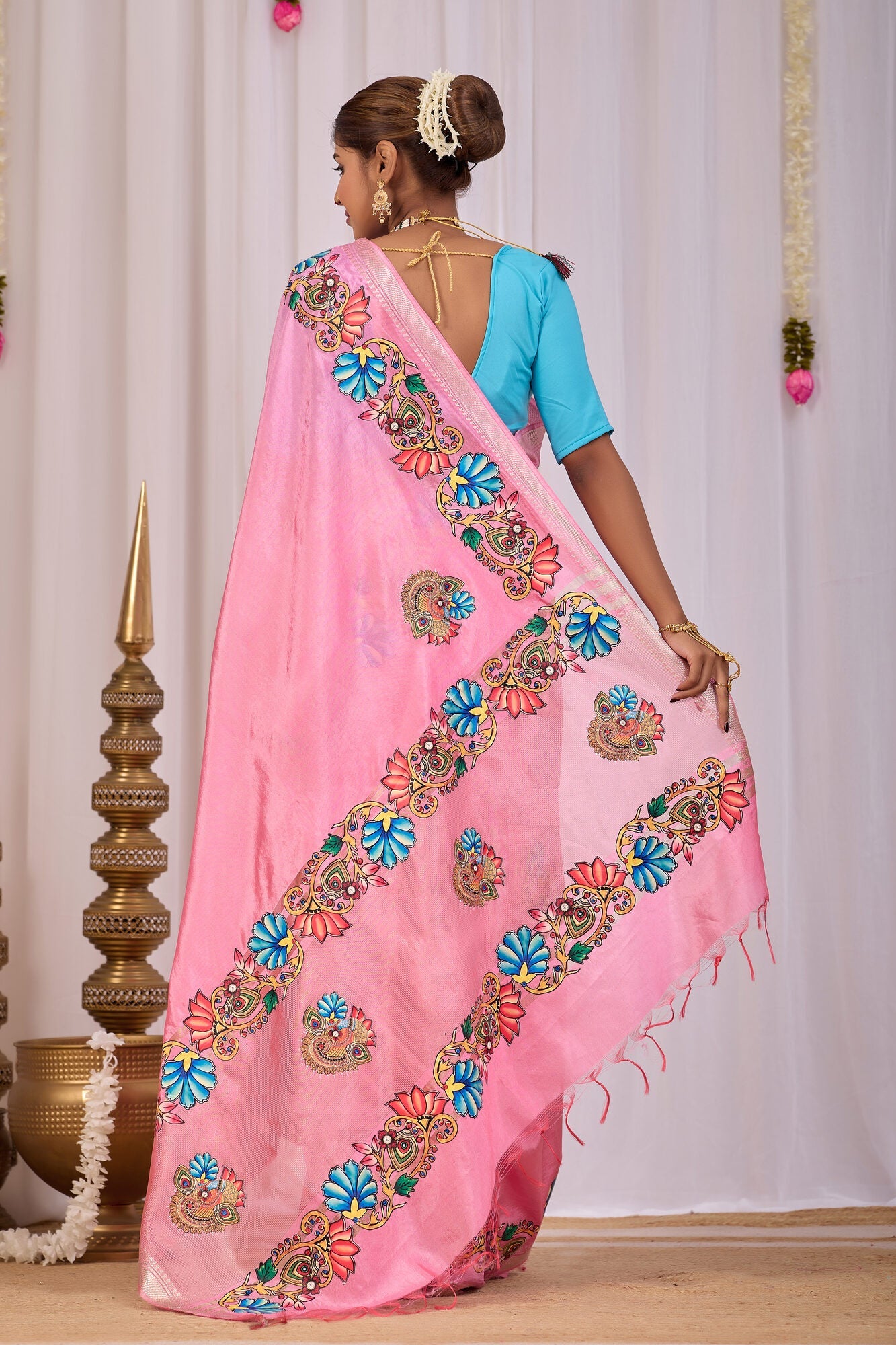 Usha Blush Pink Banana Silk Saree — back view
