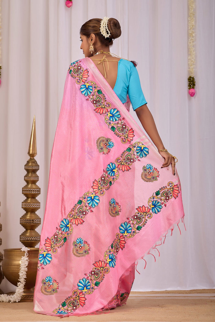 Usha Blush Pink Banana Silk Saree — back view