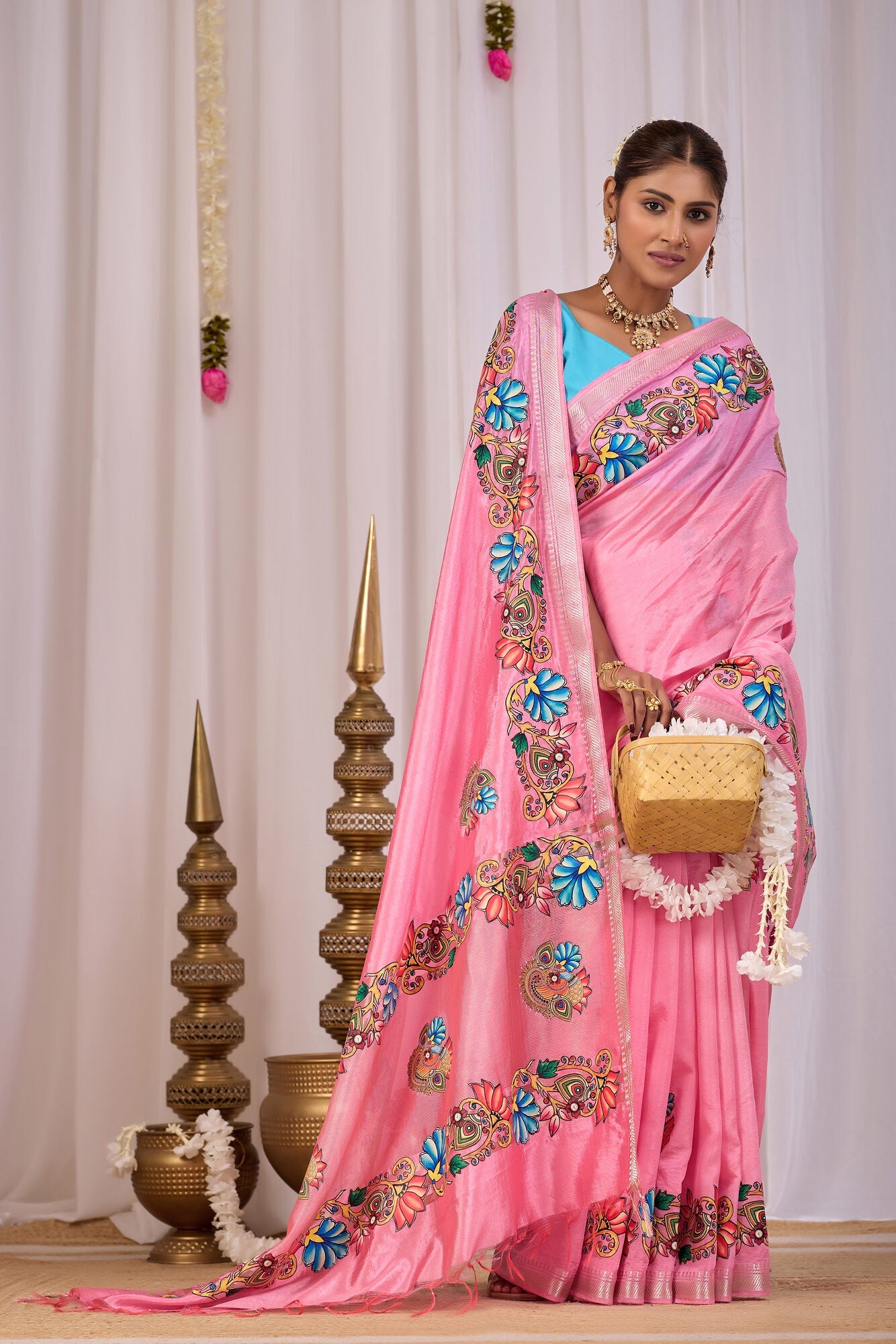 Usha Blush Pink Banana Silk Saree — draped view