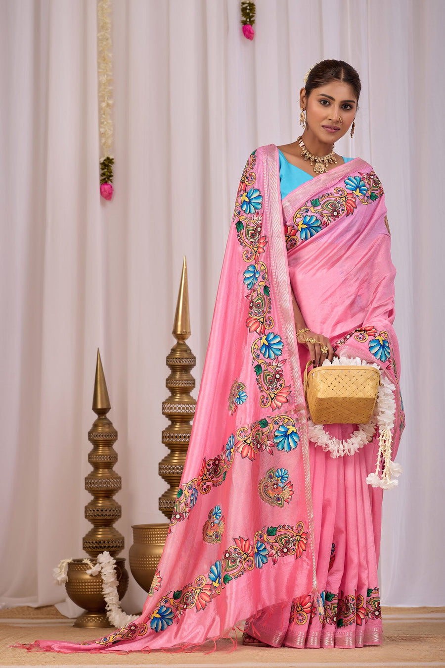 Usha Blush Pink Banana Silk Saree — draped view