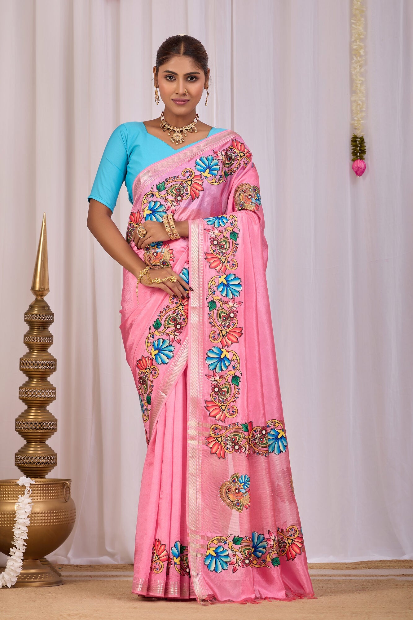 Usha Blush Pink Banana Silk Saree — front view