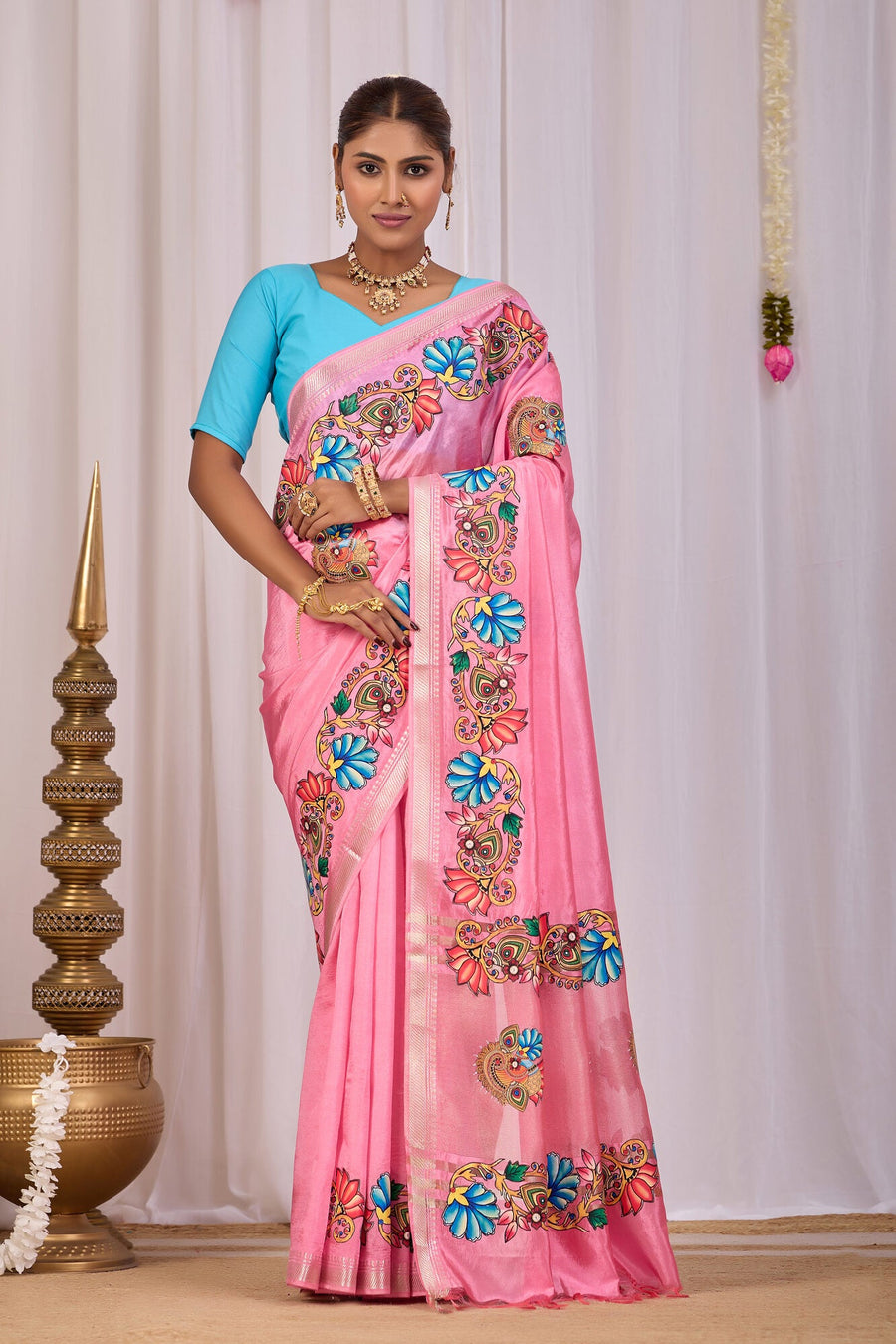 Usha Blush Pink Banana Silk Saree — front view