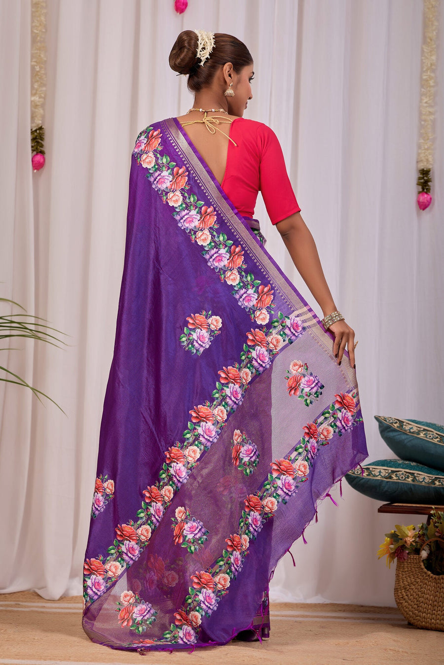Vrinda Violet Banana Silk Saree — back view