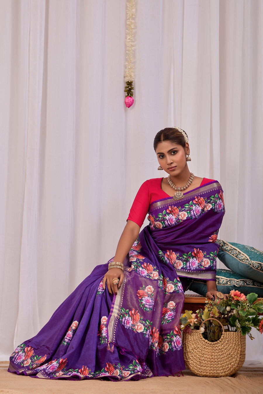 Vrinda Violet Banana Silk Saree — draped view