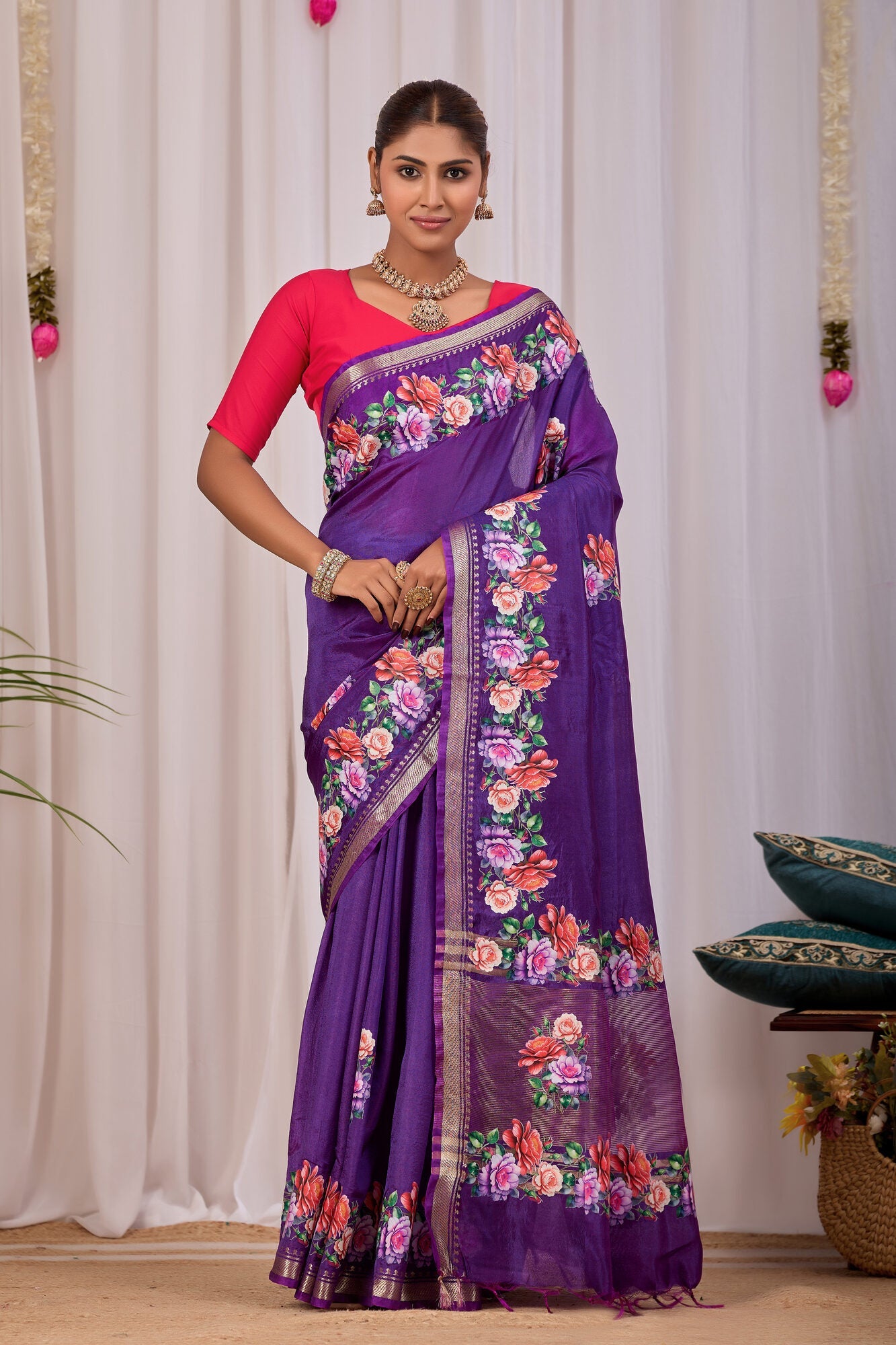 Vrinda Violet Banana Silk Saree — front view