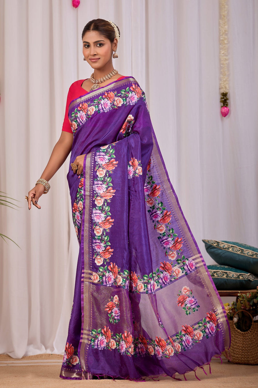 Vrinda Violet Banana Silk Saree — pallu detail
