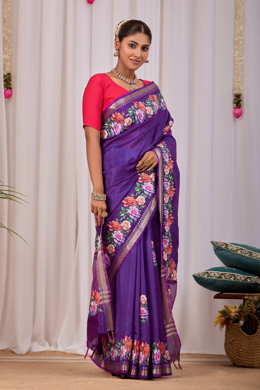 Vrinda Violet Banana Silk Saree — side view