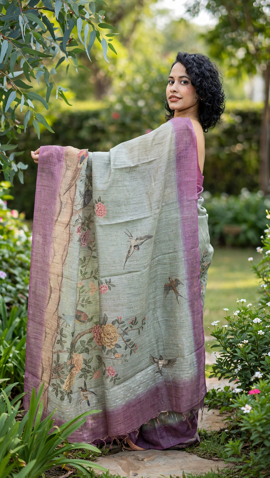 Myna – Sage Grey Bamboo Tissue Saree