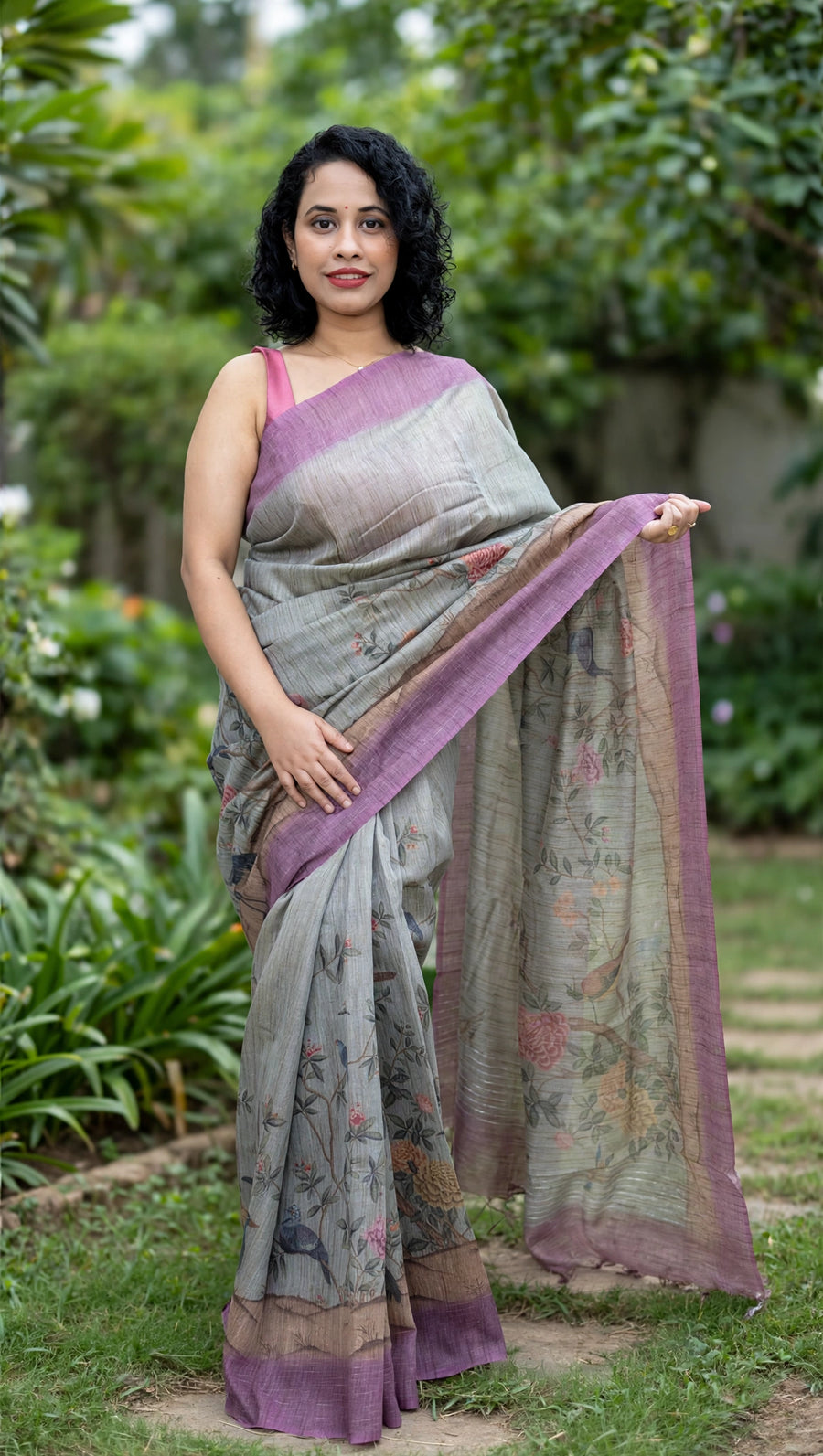 Myna – Sage Grey Bamboo Tissue Saree